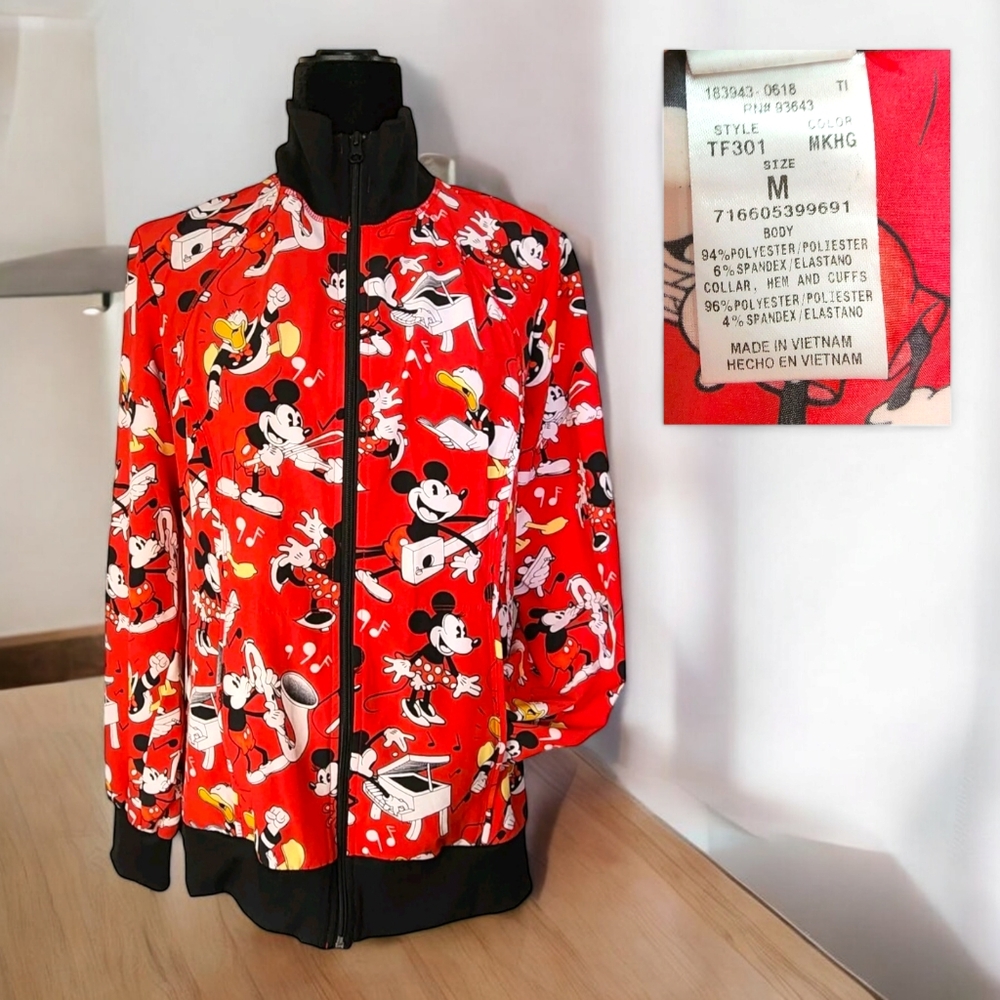 Disney Lightweight Jacket Size M Mickey Donald Minnie Red Zip Up Long Sleeve